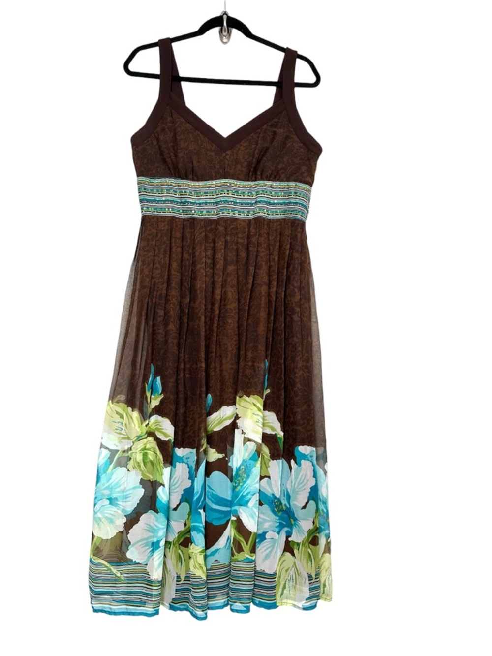 Vintage Y2K Earthy Floral Midi Dress 100% Silk Beaded Pleated Goblincore Fairy
